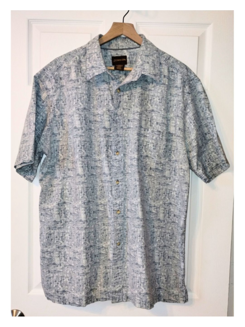 Men's St. John's Bay Casual Button Down Shirt Blue Fish, Gray-Green (Size XLT )